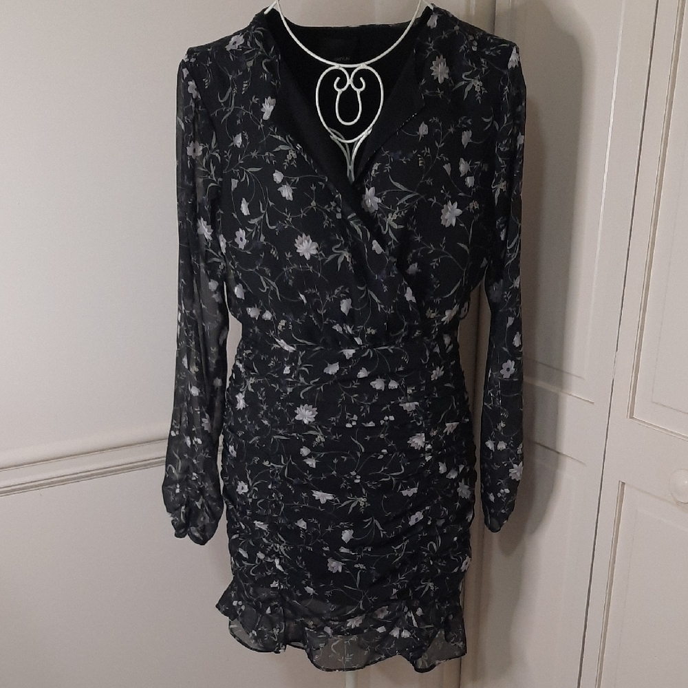 Greylin Black and White Ruched Wrap Dress